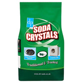 A green 1kg bag of DP - Clean & Natural Soda Crystals with "Traditional & Trusted" text, icons for multi-use cleaning and laundry aid. This non-toxic product is ideal for household tasks.